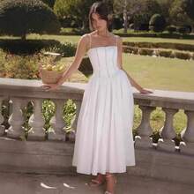 Vestido largo de mujer con estilo francés de tirantes elegante y moderno con estampado de flores que realza la figura y transmite un look suave y femenino - Blanco - Ver 5