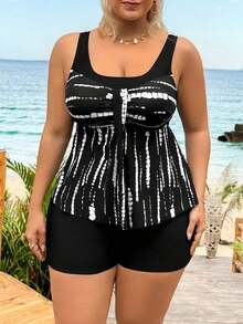 Swim Lushoire Conjunto de tankini con estampado total - Top y shorts negros para tallas grandes - Negro - Ver 1