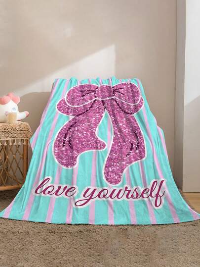 1pc Striped Bow Print Flannel Blanket - Soft & Comfortable, Suitable For Outdoor, Travel, Camping, Sofa, Bedding - Modern Cute Cartoon Minimalist Print, All Season Cozy Bedding Accessory, Versatile, 5 Size Options, 280gsm