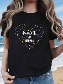 Camiseta de Mujer Manga Corta Cuello Redondo - Estampado de Corazones, Tejido de Punto Suave con Ligera Elasticidad, Largo Regular, Ajuste Holgado, Estilo Casual e Informal para el Día a Día, Talla Grande - Negro - Ver 2