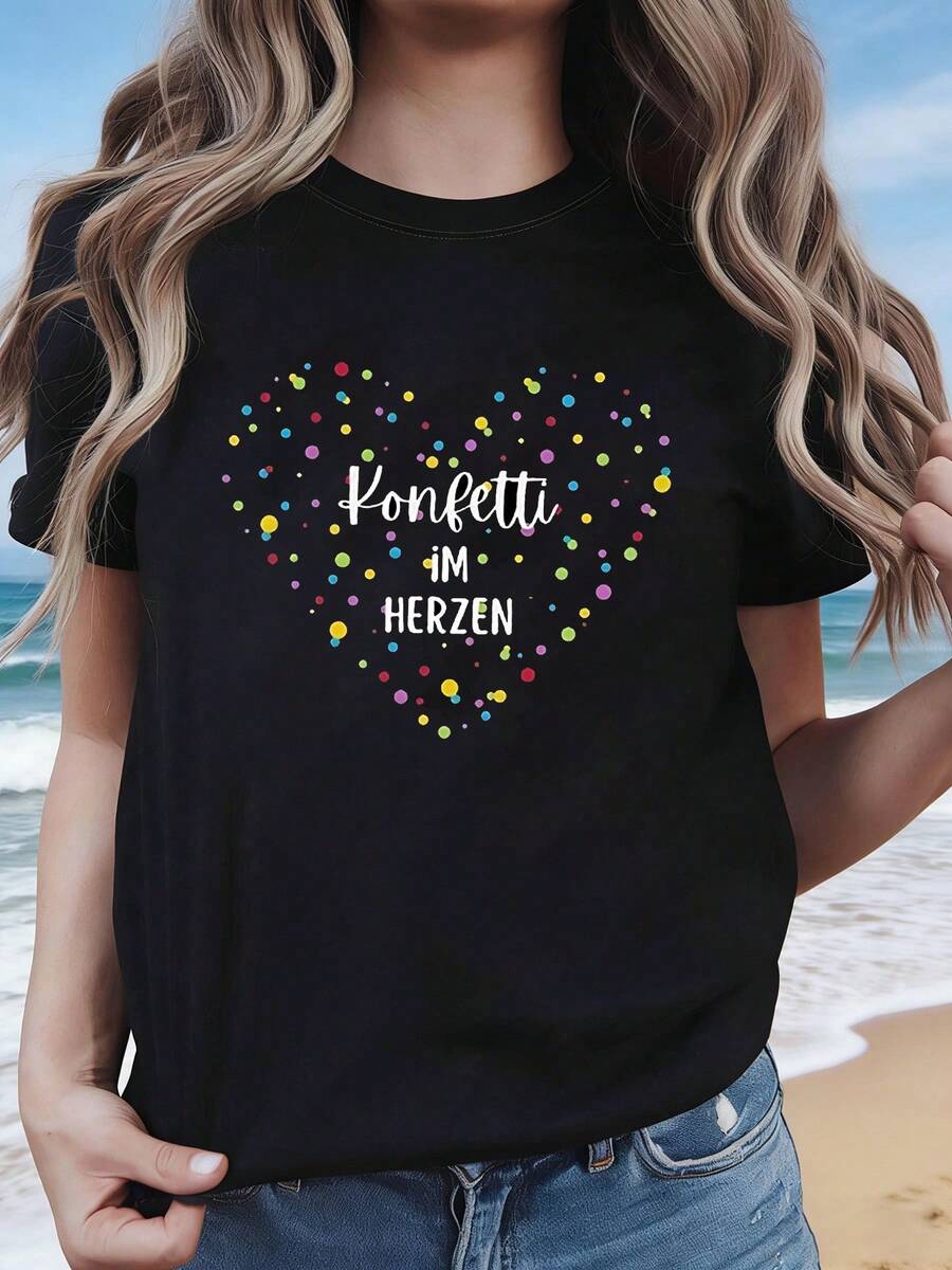 Camiseta de Mujer Manga Corta Cuello Redondo - Estampado de Corazones, Tejido de Punto Suave con Ligera Elasticidad, Largo Regular, Ajuste Holgado, Estilo Casual e Informal para el Día a Día, Talla Grande