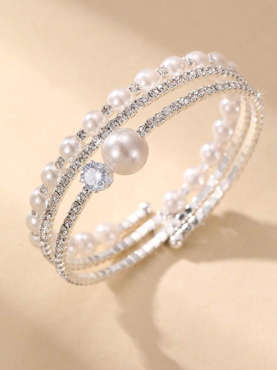 1pc Women's Teen Silver Pearl Rhinestone Bracelet, Suitable For Daily Decoration, Party Gift - Silver - View 1