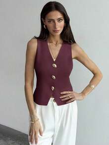 Blusa sin mangas de punto de un solo pecho con tirantes anchos, casual de verano, para otoño/invierno, verano, vacaciones, simple para ir al trabajo, con hebilla metálica única para oficina - Burdeos - Ver 4