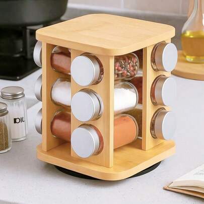 1pc Storage Rack Made Of Bamboo, Wood And Glass Material, New Rotating Condiment Storage Shelf - Multifunctional Kitchen Organizer, Multi-Bottle Seasoning Jar Holder, Kitchen Condiment Rack, Kitchen Storage Shelf, Bamboo Countertop Seasoning Rack. Adopting A Countertop Tower Design, It Supports 360° Rotation, Features Moisture-Proof Sealing, Non-Slip Base, Durability And Easy Cleaning. It Can Store Spices, Herbs, Condiments And Cooking Essentials. Suitable For Kitchens, Countertops And Pantries, It Is An Ideal Thoughtful Gift For Housewarming, Birthdays And Festivals.