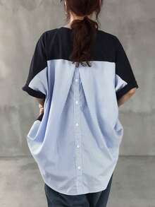 Camiseta minimalista de mujer con bloqueo de color y botones en la espalda, para uso casual diario, ropa de otoño - Azul - Ver 5