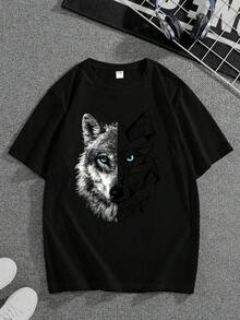 Camiseta de manga corta para niños con estampado de cabeza de lobo, con diseño geométrico realista de cabeza de lobo con ojos azules, de corte holgado y cuello redondo, casual y cómoda, adecuada para uso diario, escuela y transporte - Negro - Ver 2