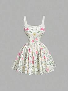 MOD Vestido de mujer con estampado floral retro romántico color albaricoque, outfit para el Día de San Valentín, vestido para citas - Albaricoque - Ver 1