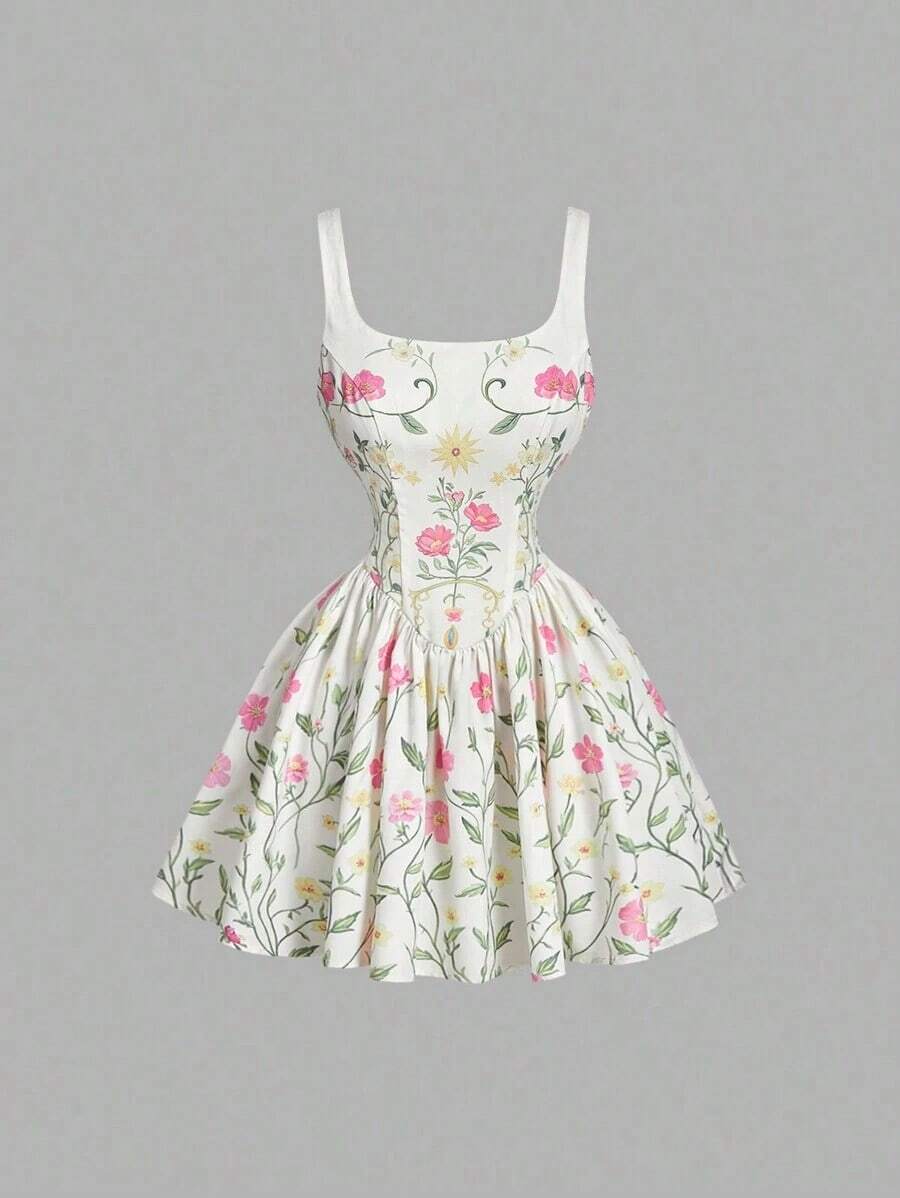 MOD Vestido de mujer con estampado floral retro romántico color albaricoque, outfit para el Día de San Valentín, vestido para citas - Albaricoque - Ver 1