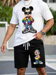 Officially Licensed Disney Mickey Mouse Rainbow Colorful Hip Hop Urban Streetwear 2 Piece Outfit Men Casual Short Sleeve Graphic T‑Shirt And Drawstring Shorts Set Cool Sunglasses Mickey Sneaker Bomber Jacket Print Summer Loungewear Dad Gift Daily Vacation Matching Tracksuit - trắng - Xem 1