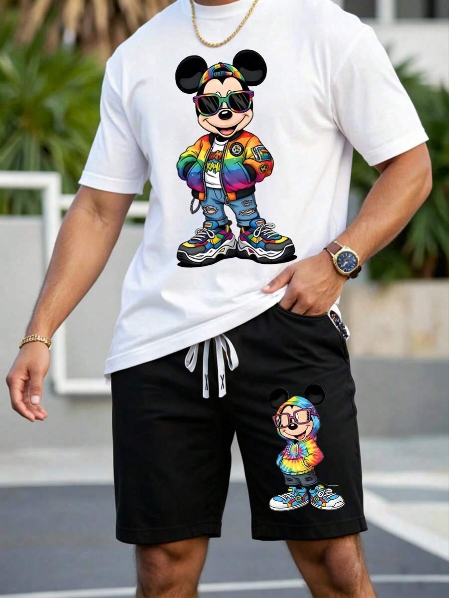 Officially Licensed Disney Mickey Mouse Rainbow Colorful Hip Hop Urban Streetwear 2 Piece Outfit Men Casual Short Sleeve Graphic T‑Shirt And Drawstring Shorts Set Cool Sunglasses Mickey Sneaker Bomber Jacket Print Summer Loungewear Dad Gift Daily Vacation Matching Tracksuit - trắng - Xem 1