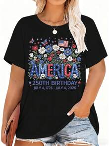 Ropa de talla grande para mujer, camiseta de talla grande para mujer, top casual de manga corta con cuello redondo, tela de elasticidad media, lavable a máquina, ajuste cómodo adecuado para todas las estaciones, camiseta para mujer, camiseta con estampado plano 2D único, ajuste cómodo. - Negro - Ver 8