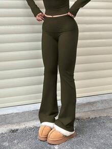 Pantalones acampanados de cintura ancha de unicolor casual para mujer, leggings delgados de cintura alta con pliegues, primavera - Verde Oliva - Ver 1