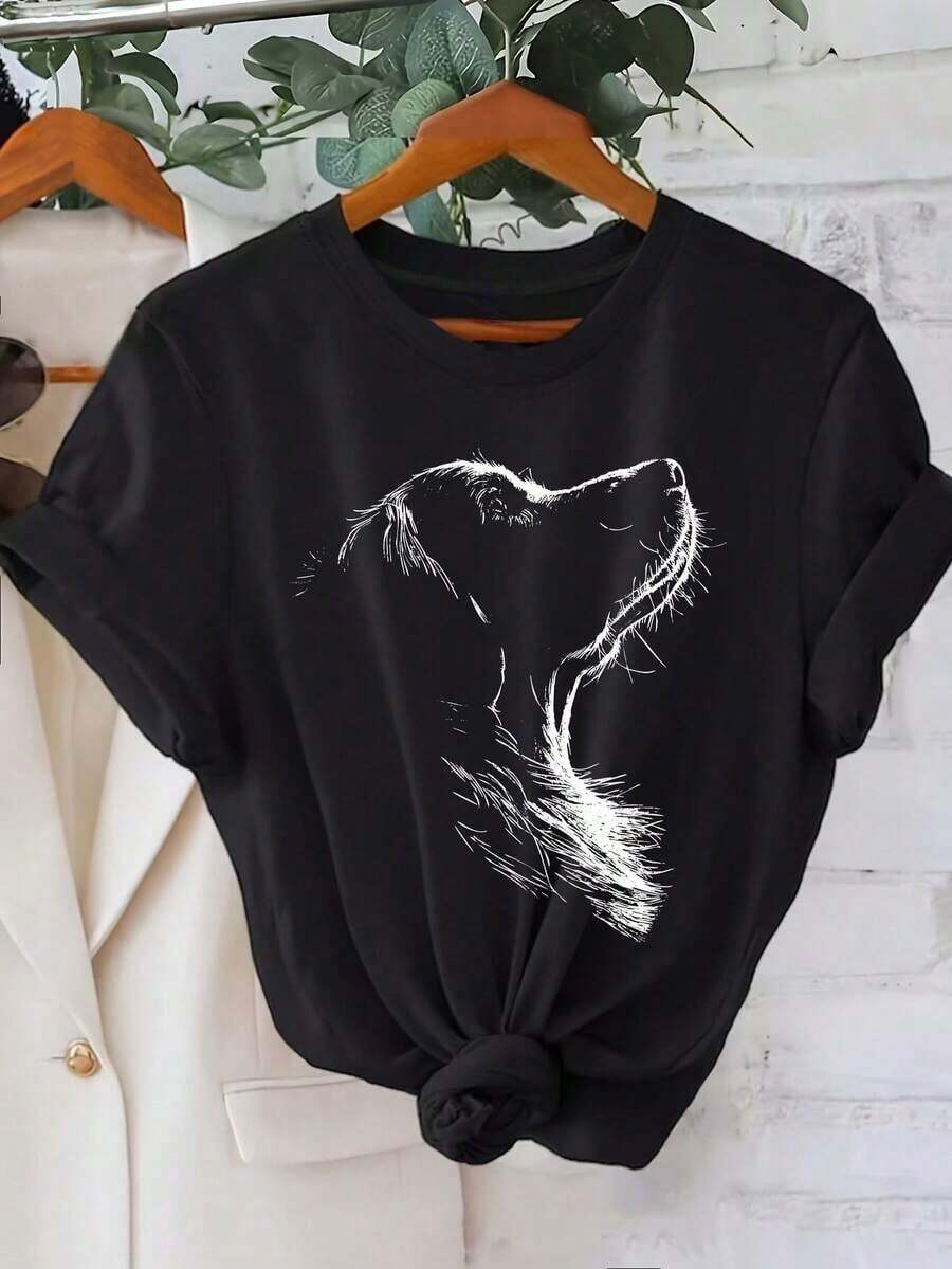 Camiseta casual de manga corta con cuello redondo y estampado de perro para mujer, 100% algodón.Confeccionada en algodón puro, de largo regular, ideal para todas las estaciones.Estampado animal. - Negro - Ver 1