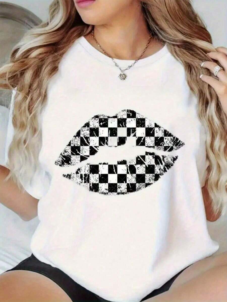 Camisetas gráficas 100% algodón para mujer, estilo casual y holgado, de manga corta - Estampado geométrico de labios, diseño a cuadros y patrón de diamantes, camiseta de cuello redondo 100% algodón, moderna y de textura suave para primavera y verano. - Blanco - Ver 1