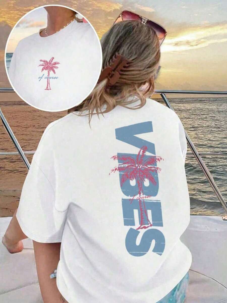 Summer Tops: Women's 100% Oversized Beach T-Shirt - Breathable Summer Leisure Top With Palm Tree And Letter Print, Loose-Fitting Short-Sleeved Blouse For Holidays And Leisure Wear - Ideal Gift (All Year Round) Cotton T-Shirt, Men's Summer - White - View 1