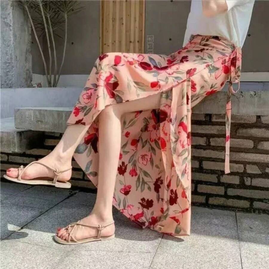 Falda envolvente de encaje con estampado dividido de una pieza Y2K Falda ajustada de cintura alta para mujer de vacaciones Falda de playa irregular - fen hong hua - Ver 1