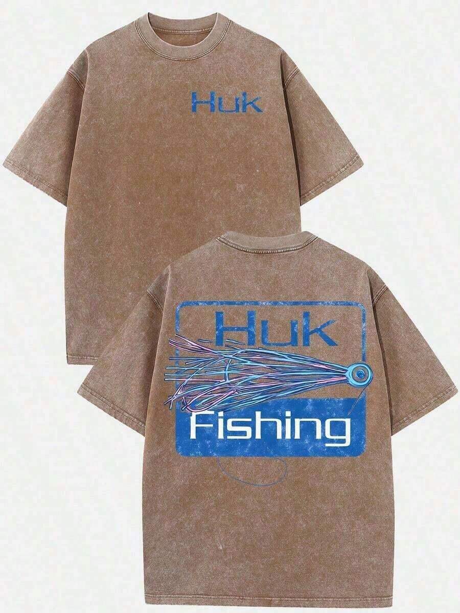 Womens Clothes;Summer Tops100% Cotton VPRNT Men's Distressed Cotton Retro HUK Fishing Colorful Lure Graphic Tee, Loose Casual Crewneck Short Sleeve T- - 棕色 - 查看 1
