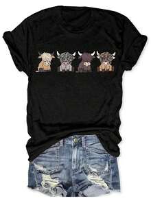 Camiseta de Mujer con Estampado de Vaca Estilo Y2K|   Camiseta de manga corta con estampado de vacas de las Tierras Altas de Escocia, impresa con nombres de vacas escocesas (Hamish, Angus, Lucky, McTavish) - Camiseta casual de verano en negro y marrón, adecuada para fiestas en granjas y uso informal.|   Cuello redondo. - Negro - Ver 7