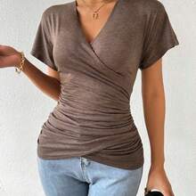 Women Summer Solid Color Pleated Slim Fit V-Neck Short Sleeve Casual T-Shirt - Negro - Ver 4