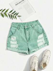 Pantalones cortos de mezclilla casuales y versátiles con bolsillos y efecto desgastado de unicolor - Verde - Ver 5