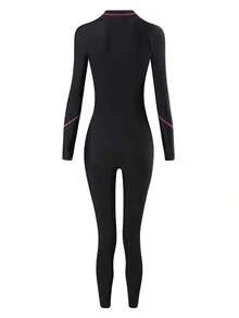 Bikinx Traje de baño de una pieza deportivo con cremallera frontal, manga larga, ajustado, con ribete de contraste de unicolor para vacaciones y playa en verano - Rosa Fucsia - Ver 9