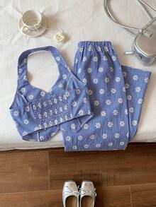 Conjunto de top de tirantes y pantalones casuales relajados con estampado de margaritas bordadas en cuadros azules y blancos para mujer en otoño/invierno - Azul y blanco - Ver 2
