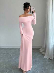 Vestido largo de punto acanalado con manga larga, cintura ceñida, hombros descubiertos, espalda descubierta, doblez de cola de pez, elegante y sexy, color blanco, para otoño/invierno, atuendo de mujer maxi - Rosa 2 - Ver 5