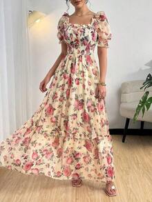 Vestido de mujer de manga corta con cuello cuadrado francés, estampado digital y transparente - Multicolor 2 - Ver 3