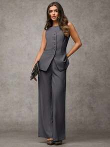 Traje de pantalón sin mangas negro para mujer con detalles de botones dorados con rosas, casual de negocios para otoño/invierno - Gris Oscuro - Ver 8