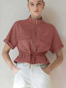 Camisa utilitaria corta de moda, con dos bolsillos simétricos en el pecho, diseño de cintura entallada, elegante y práctica - Rosa - Ver 6