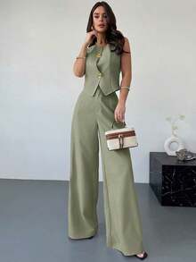 Set de 2 piezas de primavera para mujer: top asimétrico con hebilla de metal de sensación de lino caqui y pantalones anchos de cintura alta adelgazantes, elegante ropa de oficina - Verde militar - Ver 1