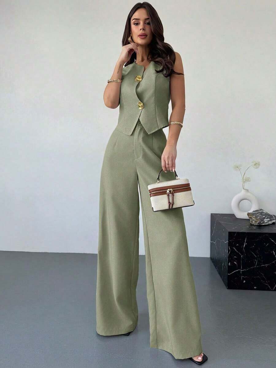 Set de 2 piezas de primavera para mujer: top asimétrico con hebilla de metal de sensación de lino caqui y pantalones anchos de cintura alta adelgazantes, elegante ropa de oficina - Verde militar - Ver 1