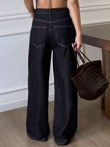 Pantalones vaqueros de mujer sueltos y casuales desgastados para el verano - Azul marino - Ver 2