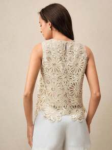 Camisola de mujer de moda de verano nueva, elegante, de encaje de color albaricoque, con decoración de lentejuelas y ganchillo - Albaricoque - Ver 7