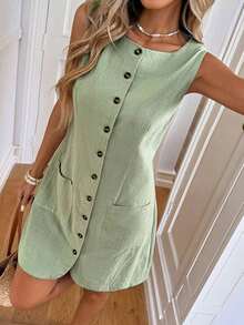 Vestido mini casual con botones y bolsillos para mujer - Verde - Ver 8