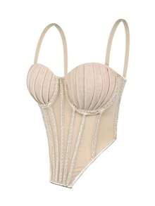 Top corset de malla transparente con lentejuelas, estilo punk gótico con pedrería, para mujer, sexy y elegante para usar en discotecas o de manera casual en verano - Albaricoque - Ver 12