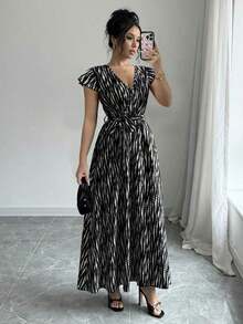 Vestido largo con corte evasé y mangas con volantes, con cintura ajustada, elegante para mujer, apto para todas las estaciones - Negro - Ver 6