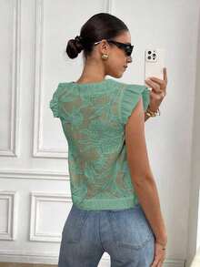 Camisa de mujer con botones y mangas cortas con bordado floral, versátil - Verde - Ver 2