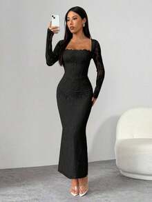 PETITE Vestido maxi negro ajustado de cuello cuadrado con copa de pecho, mangas largas de encaje con forma de S y escote sexy para fiesta de verano, cita y noche - Negro - Ver 6
