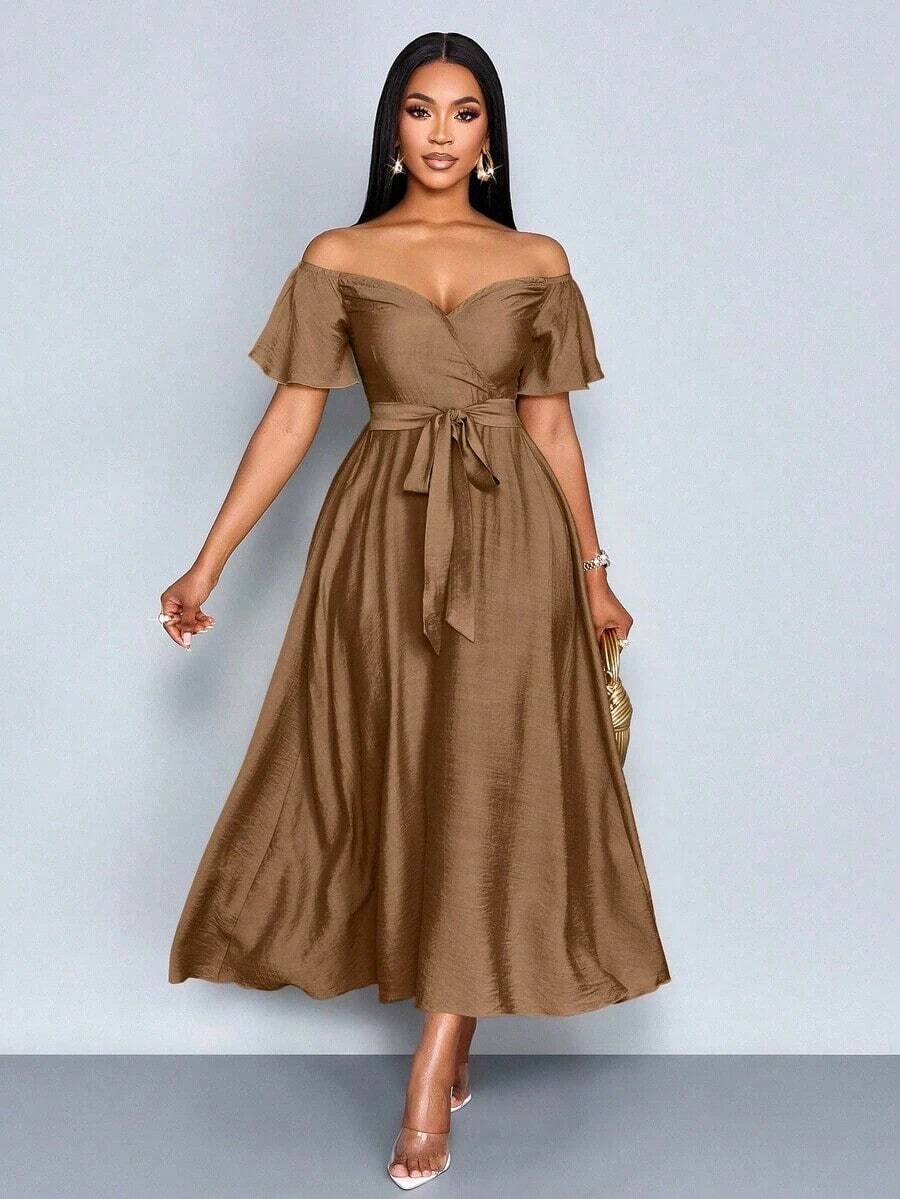 Vestido elegante de resort para mujer con escote y ajuste ceñido, apto para vacaciones, vida diaria y citas - Caqui - Ver 1