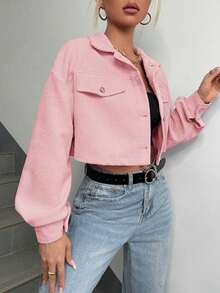 Chaqueta corta de pana con detalle de solapa en el hombro para otoño/invierno - Rosa Pálido - Ver 4