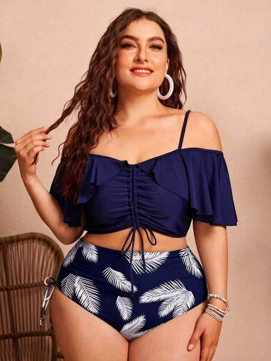 Swim Chiccia Conjunto de 2 piezas de bikini de talla grande para mujer de unicolor con tirantes de espagueti, hombros descubiertos, volantes y cordón - Elegante y estiloso para vacaciones informales - Azul - Ver 1