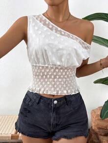 Polka Dot Sheer Mesh Ruffle Off Shoulder Cropped Elegant Blouse For Women, White, Summer Party/Date - White - View 1