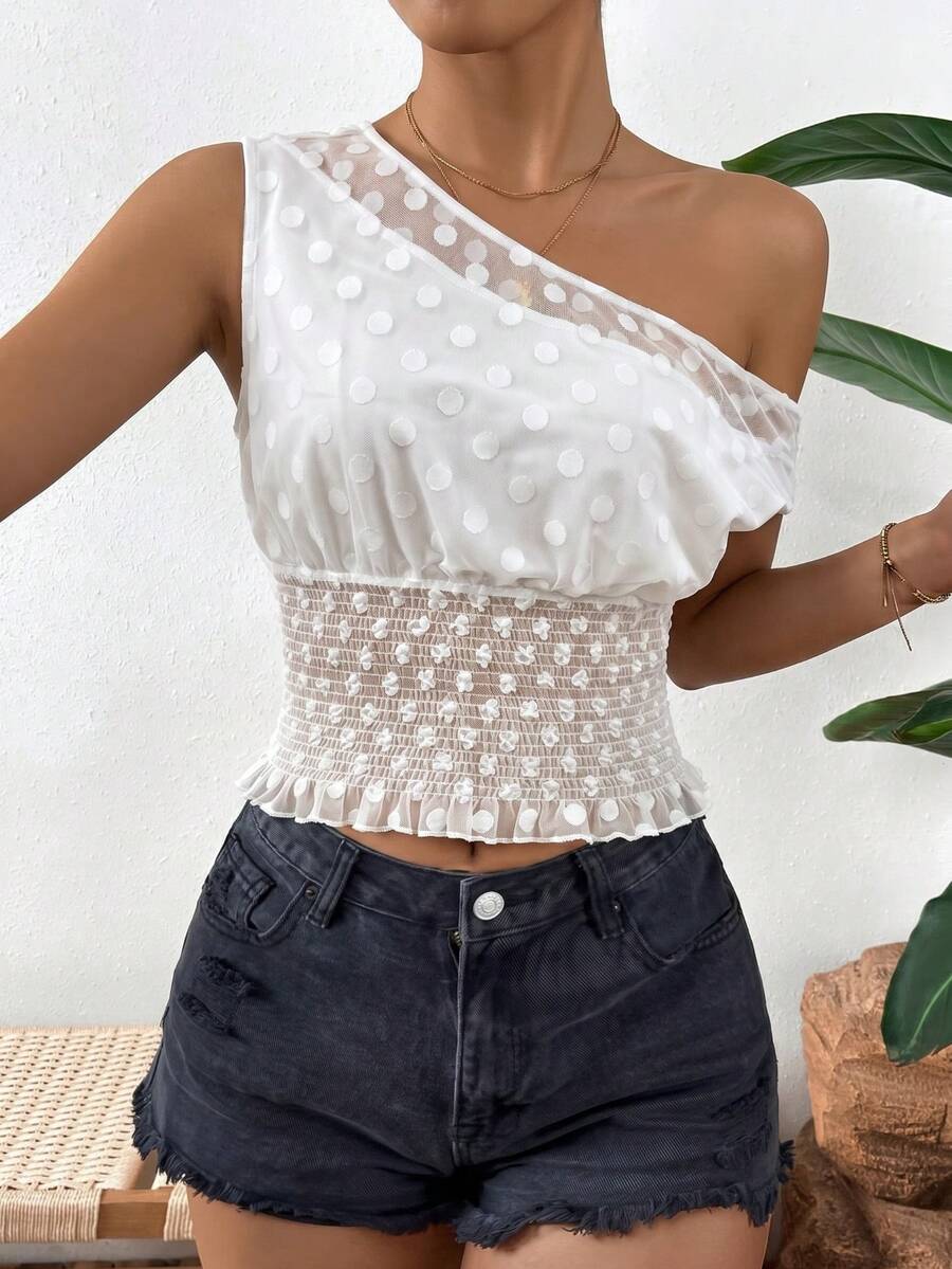 Polka Dot Sheer Mesh Ruffle Off Shoulder Cropped Elegant Blouse For Women, White, Summer Party/Date - White - View 1