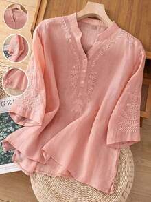 Blusa de lino holgada, informal, con bordado asimétrico de unicolor para primavera y verano para mujer - Rosa - Ver 3