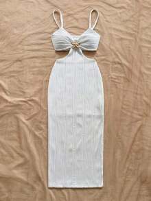 Camiseta de tirantes casual y sexy con recortes en la cintura, de tela con textura para vacaciones - Blanco 2 - Ver 4