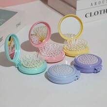 Foldable Travel Makeup Mirror Brush, With Detachable Mirror, Boar Bristle Massage Brush - Portable Design, Suitable For Women And Girls, Soft Tones (Mint Green, Pink, Light Purple Blue, Light Blue), Fashion Accessory, Structure, Hairstyling, Hairstyling Tools, Salon Beauty Travel Essentials, Hair Accessories, Summer, Vacation - Folding Air Cushion Comb Mirror - View 12
