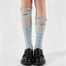 3 Pairs Polka Dot Patchwork Crew Socks, Skin-Friendly Breathable Fabric, Ruffle Trim, Letter Embroidery Design, Korean Style Contrast Color Crew Socks, Soft & Elastic, Slimming & Leg Lengthening, Versatile For Work, School, Daily Wear - Multicolor - View 4