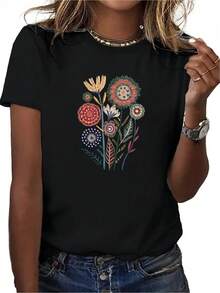 Camiseta de Cuello Redondo para Mujer - Camisa de Manga Corta con Estampado Floral Negro - Top Casual Ligero y Transpirable - Adecuada para Primavera y Verano, Lavable a Máquina, Diseño No Transparente,  de Moda con Patrón Geométrico, Ajuste Cómodo, Estilo Estampado. - Negro - Ver 1