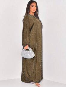 Áo choàng Abaya/Cardigan dáng rộng đính đá lấp lánh thời trang Trung Đông mới nhất mùa Xuân/Hè 2025 dành cho nữ - Lạc đà - Xem 2